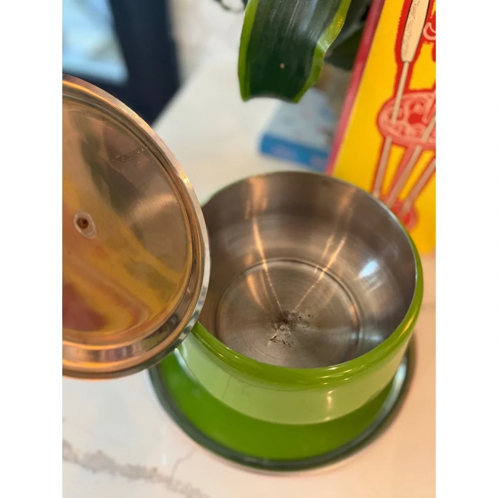 Vintage 1970s Fred Roberts Co Avocado Green Enamel Fondue Set & Fork Set Japan